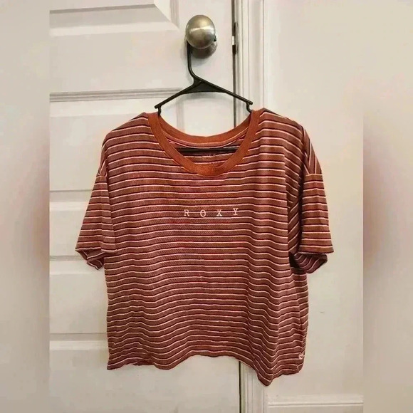Roxy Logo Stripe Short Sleeve T Shirt Size Large Crop #F189 - Picture 1 of 5